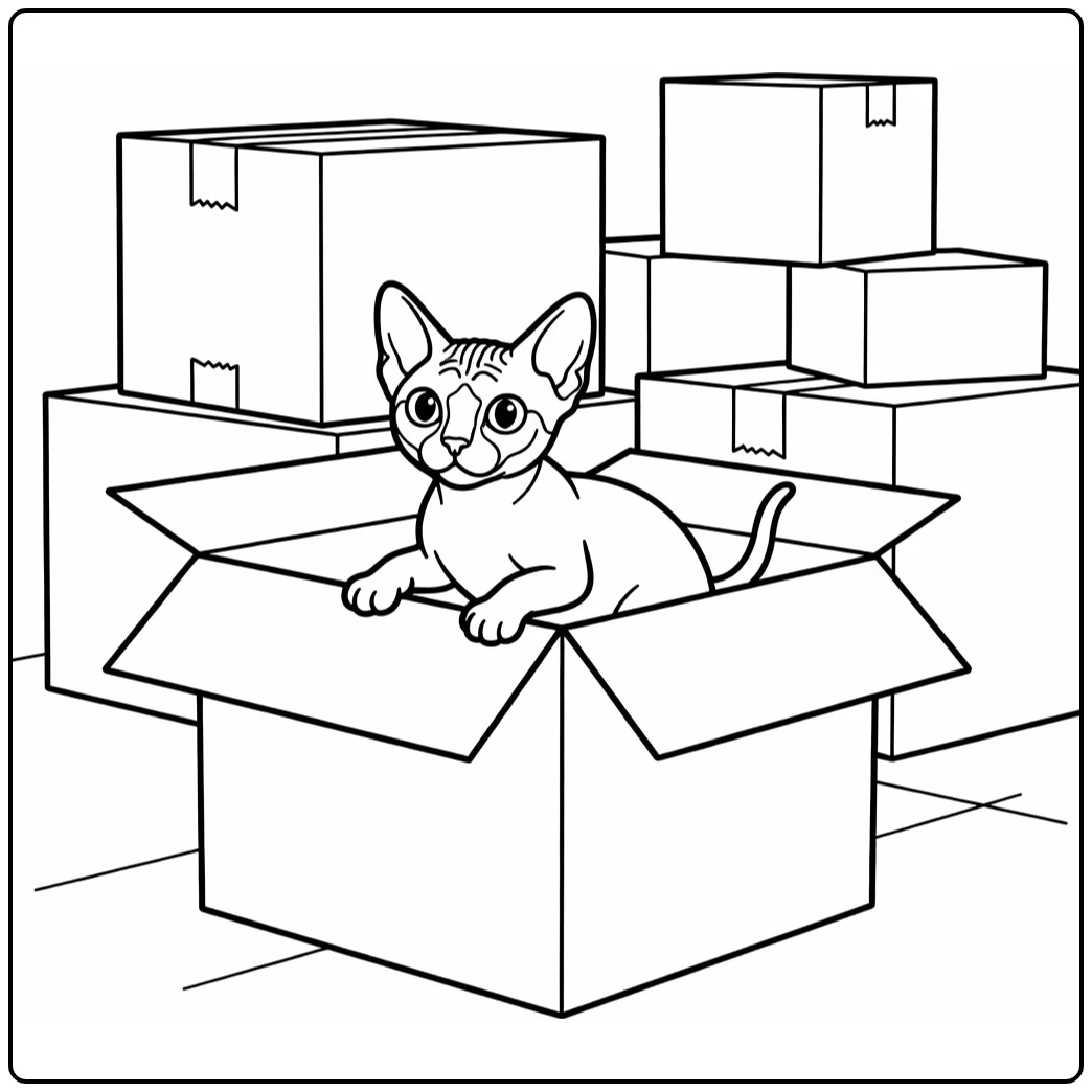 Curious hairless cat peeking from box - hairless cat coloring pages