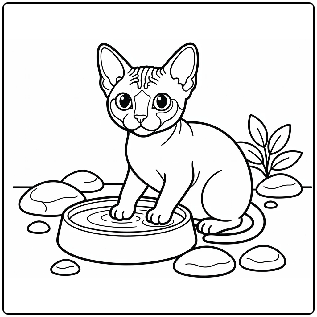 Curious hairless cat dips paw in bowl ripples, hairless cat coloring pages