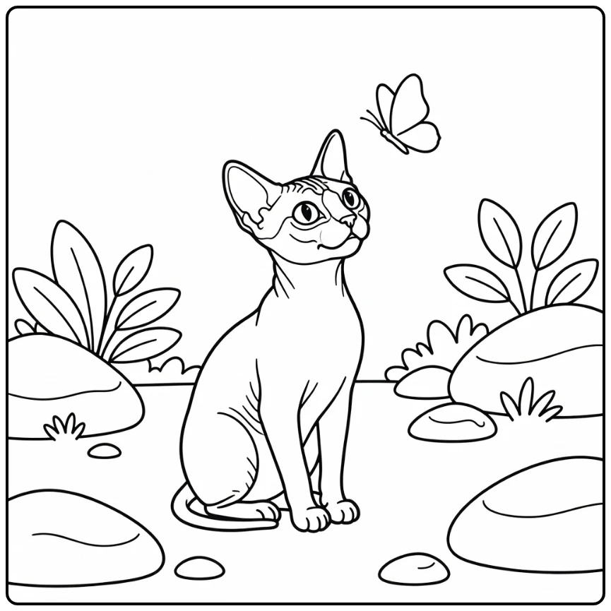Hairless cat coloring pages: attentive cat eyes butterfly