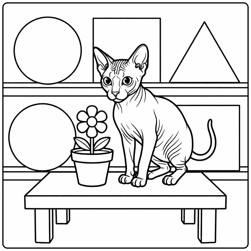 Alert hairless cat sniffing flower pot, hairless cat coloring pages (58 chars)