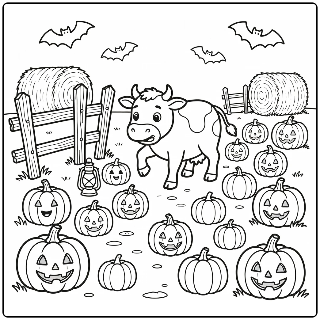 Halloween cow coloring pages: cow steps over pumpkins on spooky path
