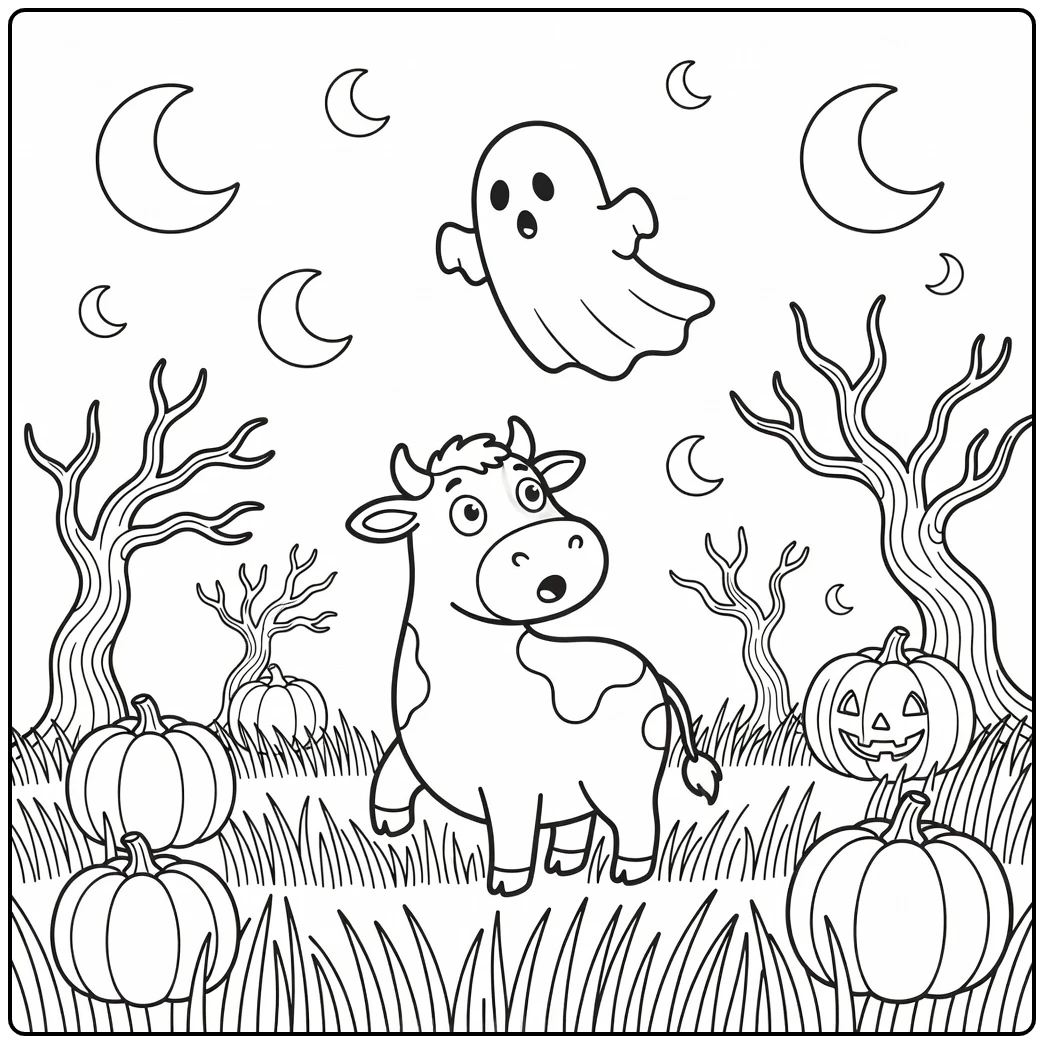 Halloween cow coloring pages: surprised cow and ghost