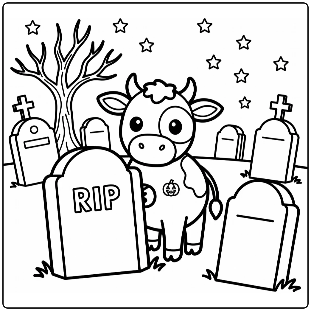 Halloween cow coloring pages: cow peeks behind gravestone