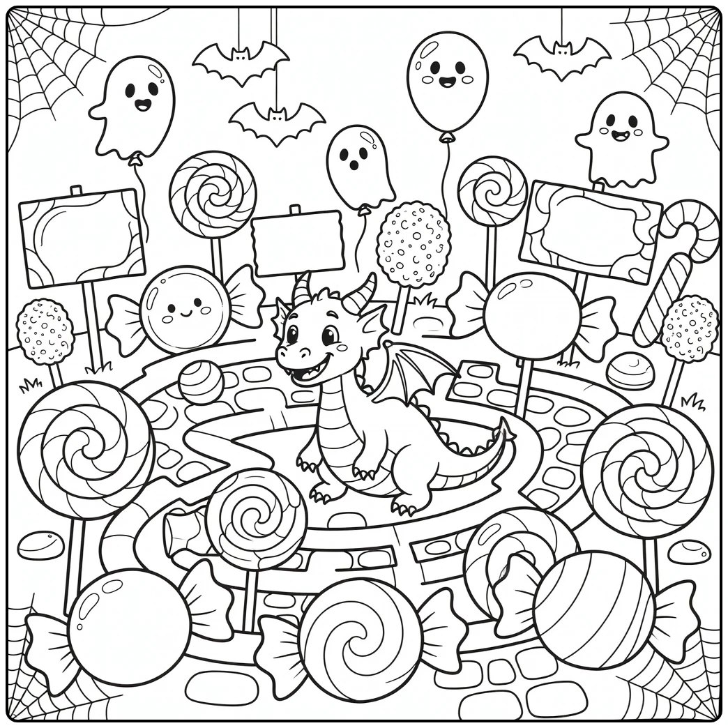 Halloween dragon coloring page sneaking thru spooky candy maze