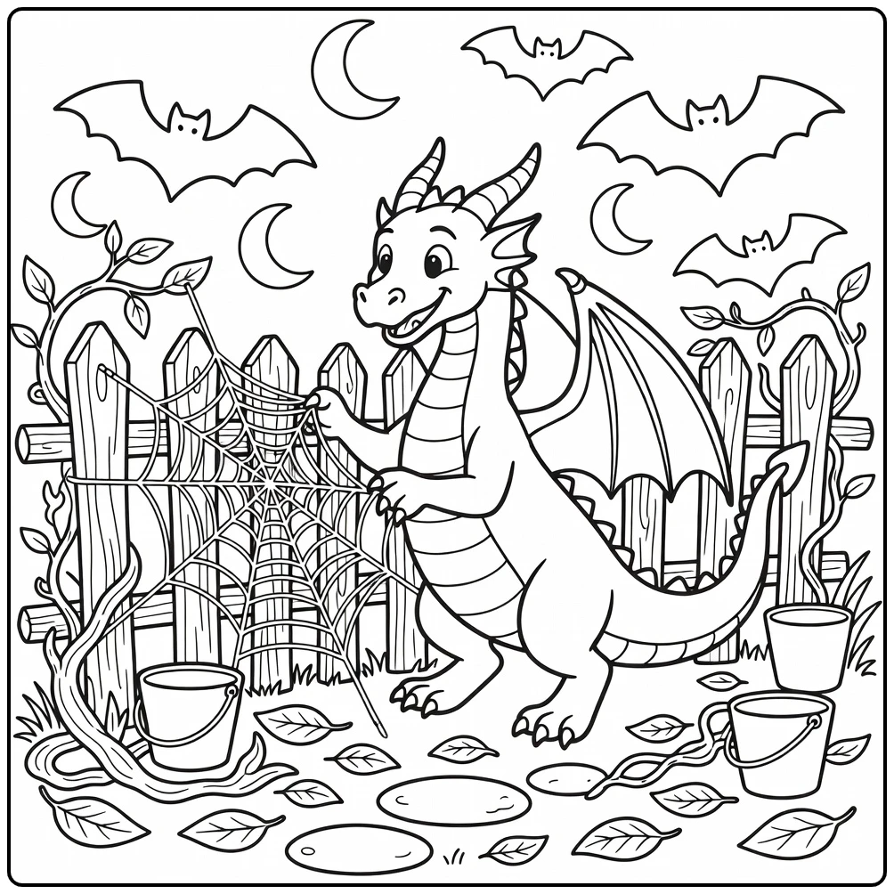 Halloween dragon coloring page untangling giant spiderweb on fence