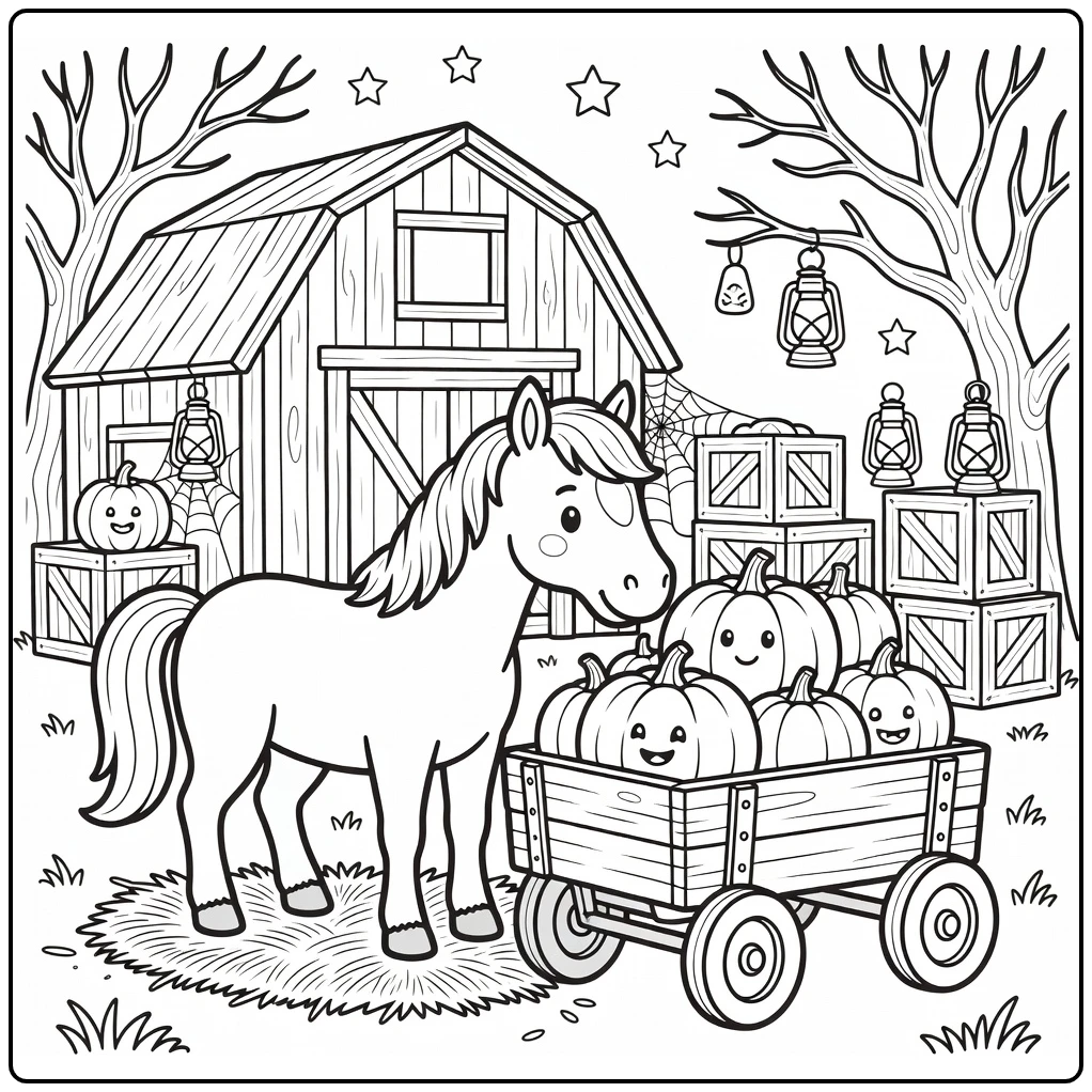 halloween horse coloring page sniffing pumpkin wagon