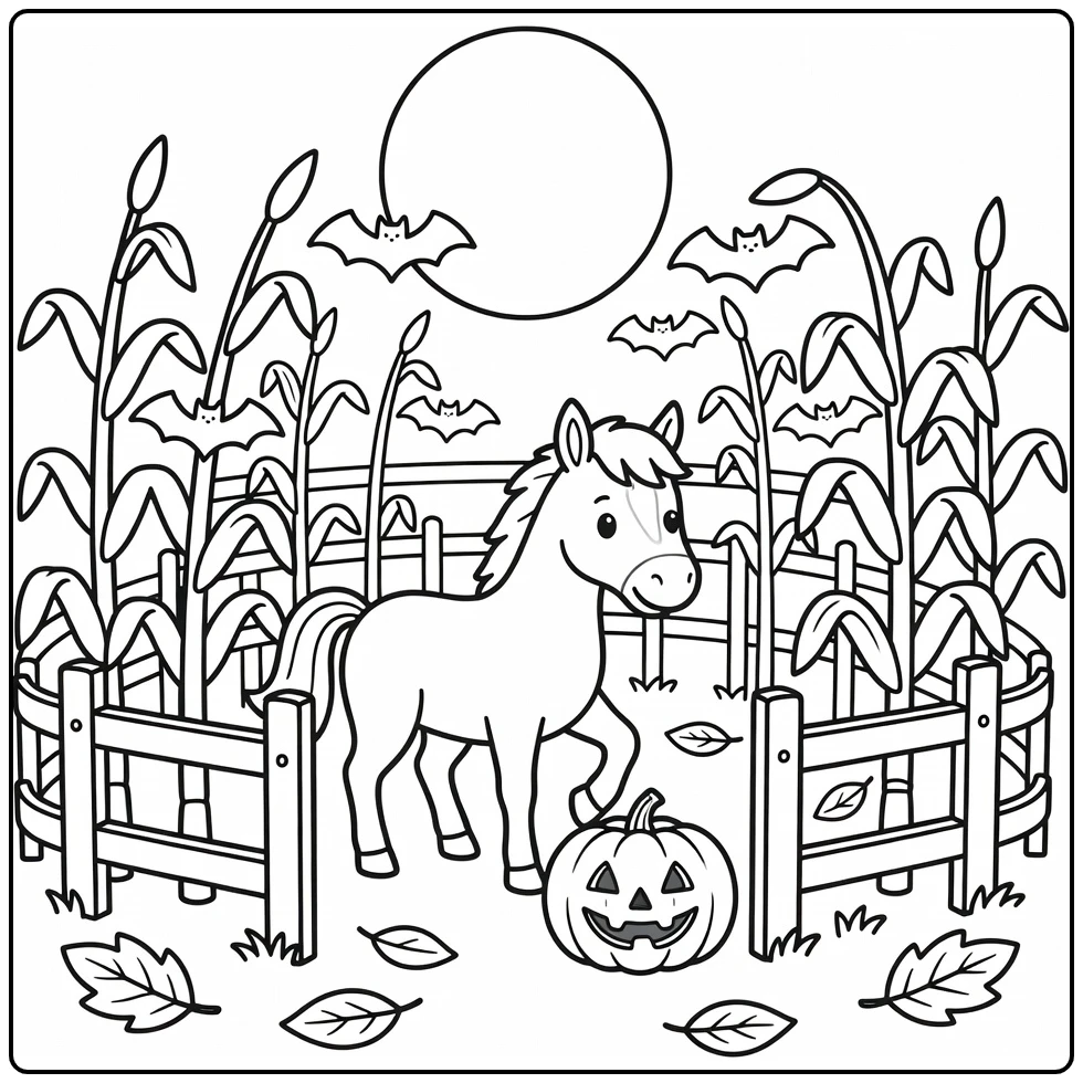 halloween horse coloring page in spooky corn maze