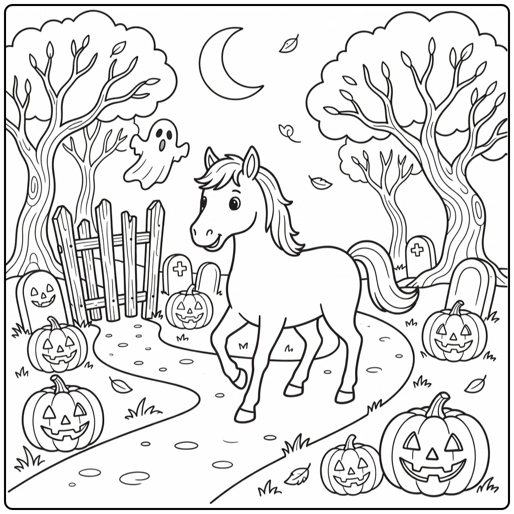 Spooky halloween horse coloring page with pumpkins and moon