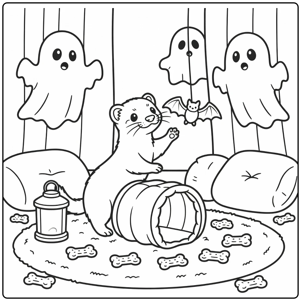 Halloween pet coloring page with curious ferret and pumpkin tunnel