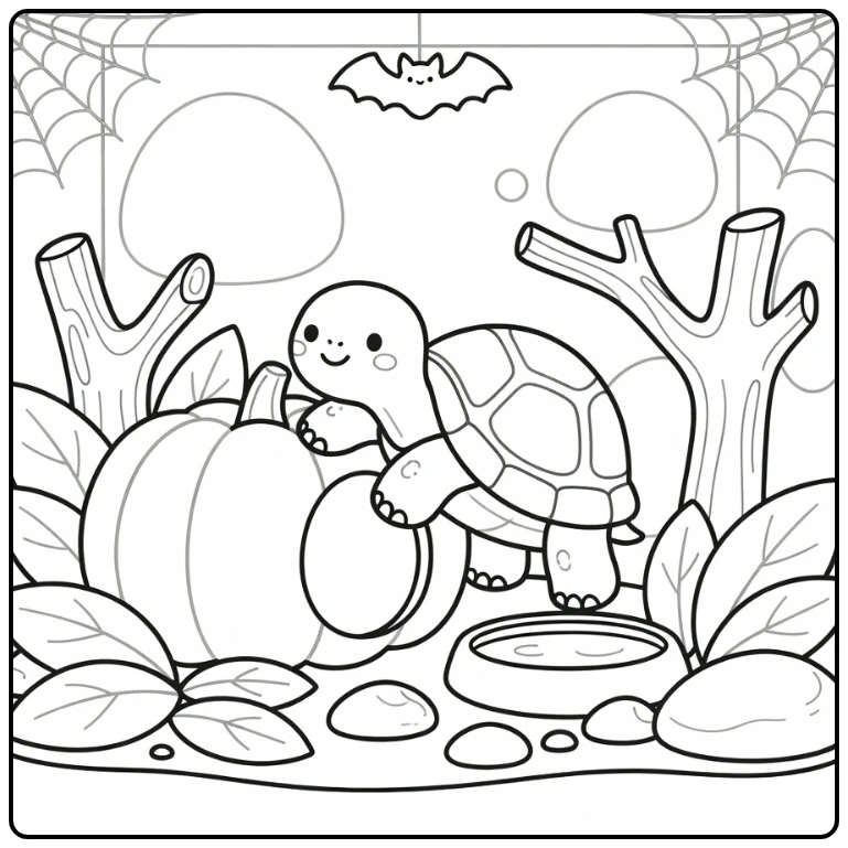 Halloween pet coloring page with tortoise on pumpkin
