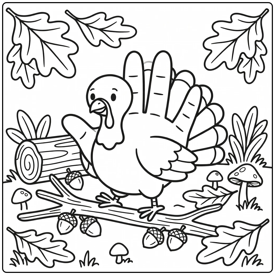 Hand turkey coloring page exploring woodland floor