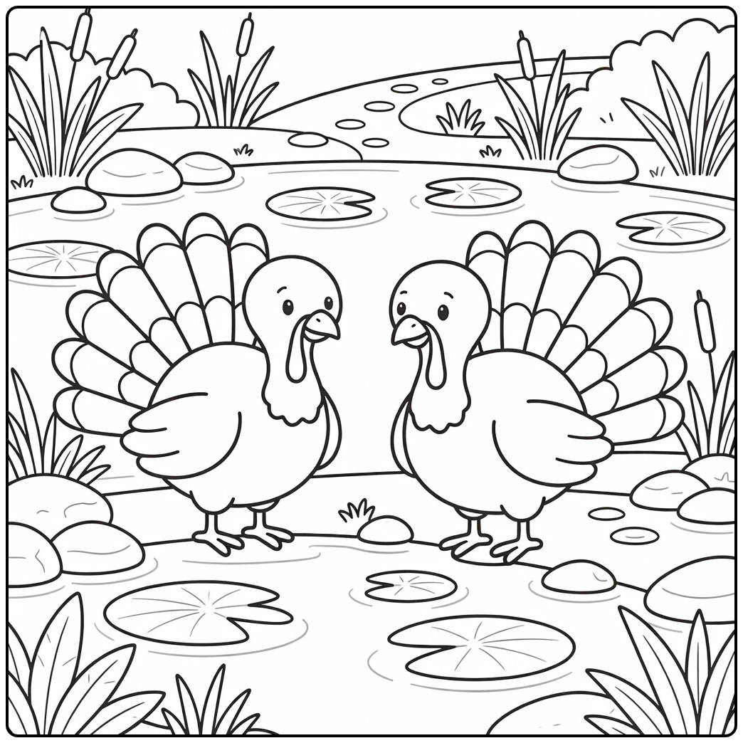 Hand turkey coloring page with two turkeys by a pond