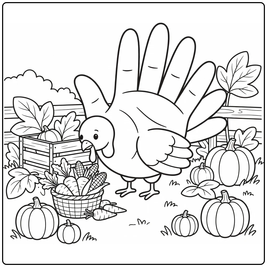 Hand turkey coloring page on farm with vegetables and pumpkins