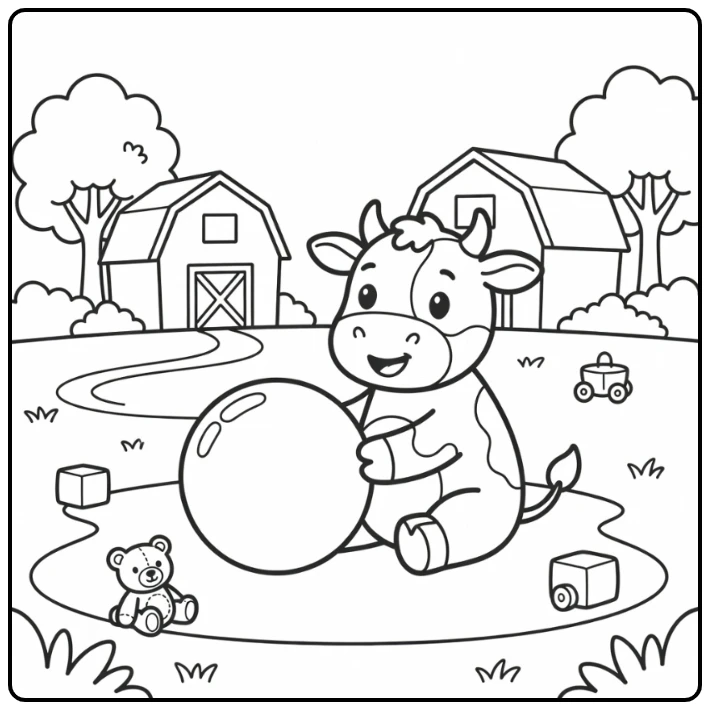 Cow coloring pages for kids: joyful cow playing with ball