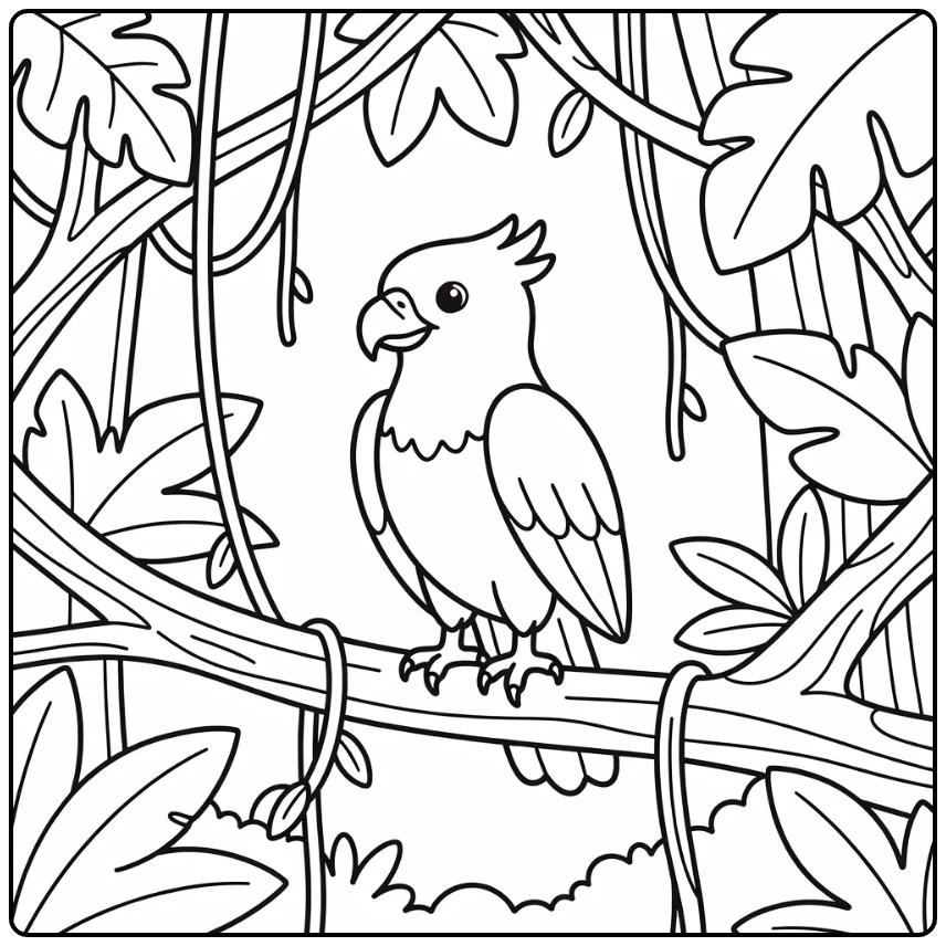 Jungle animals coloring page: harpy eagle on branch