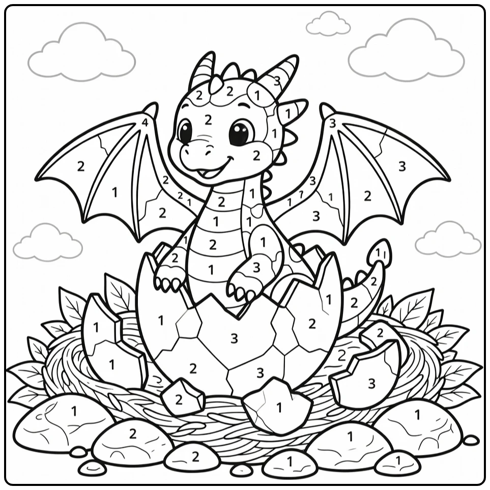 Dragon color by number coloring page: hatching baby stretching wings