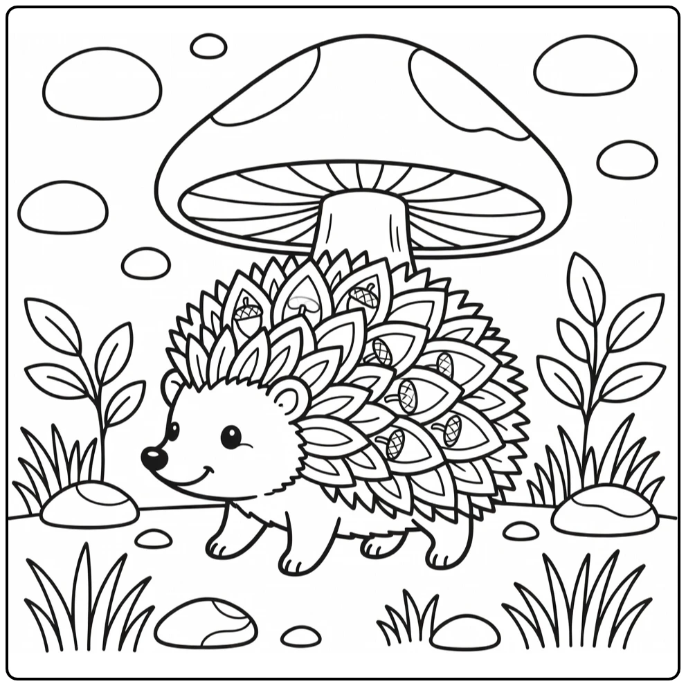Animal mandala coloring pages: hedgehog with petal quills under mushroom