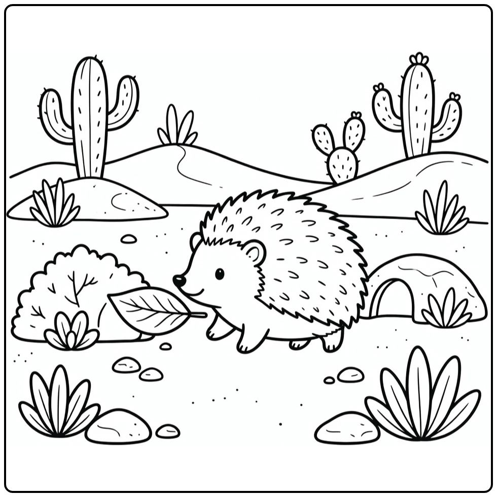 Easy desert animal coloring page: hedgehog with leaf to burrow