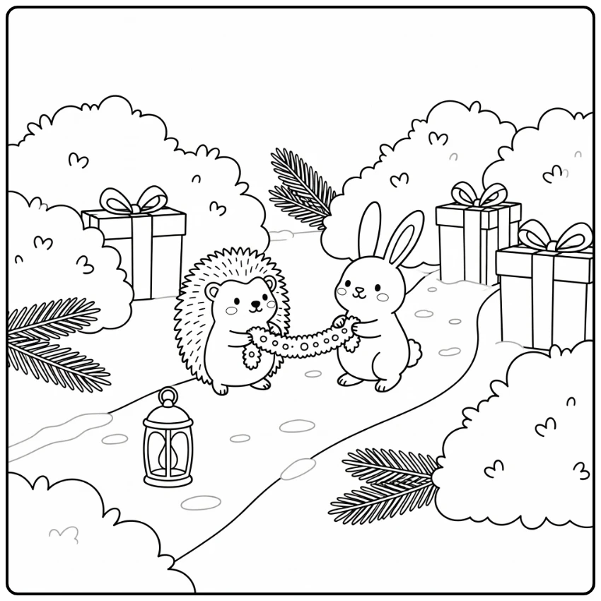 Hedgehog & rabbit garland snowy path christmas animal coloring page