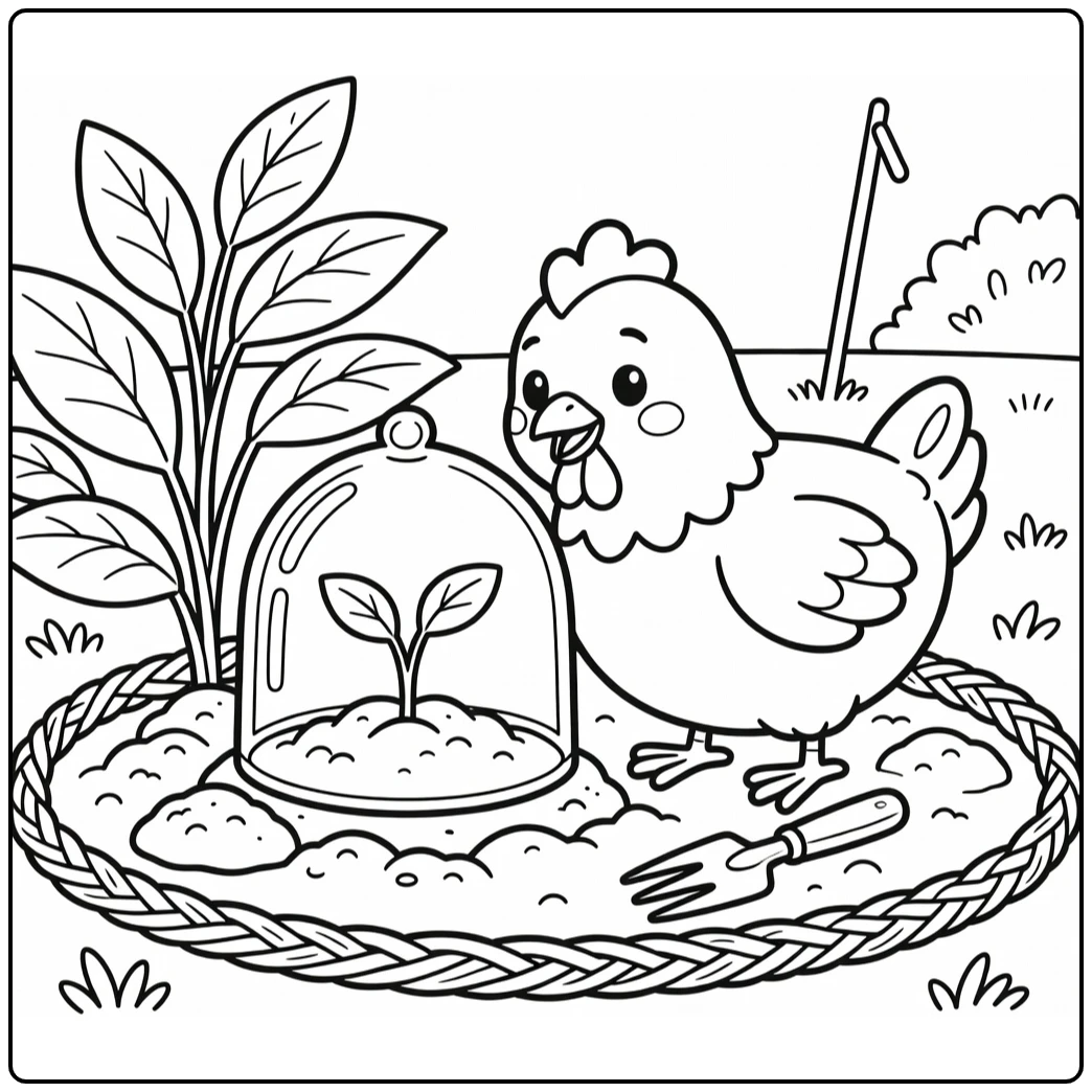 Hen coloring page of curious hen exploring garden cloche