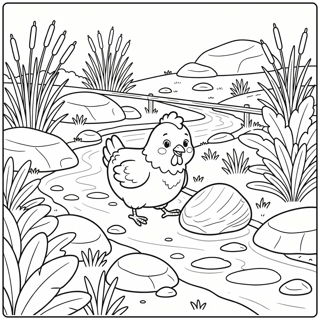 Hen coloring page of hen by creek with shell stone