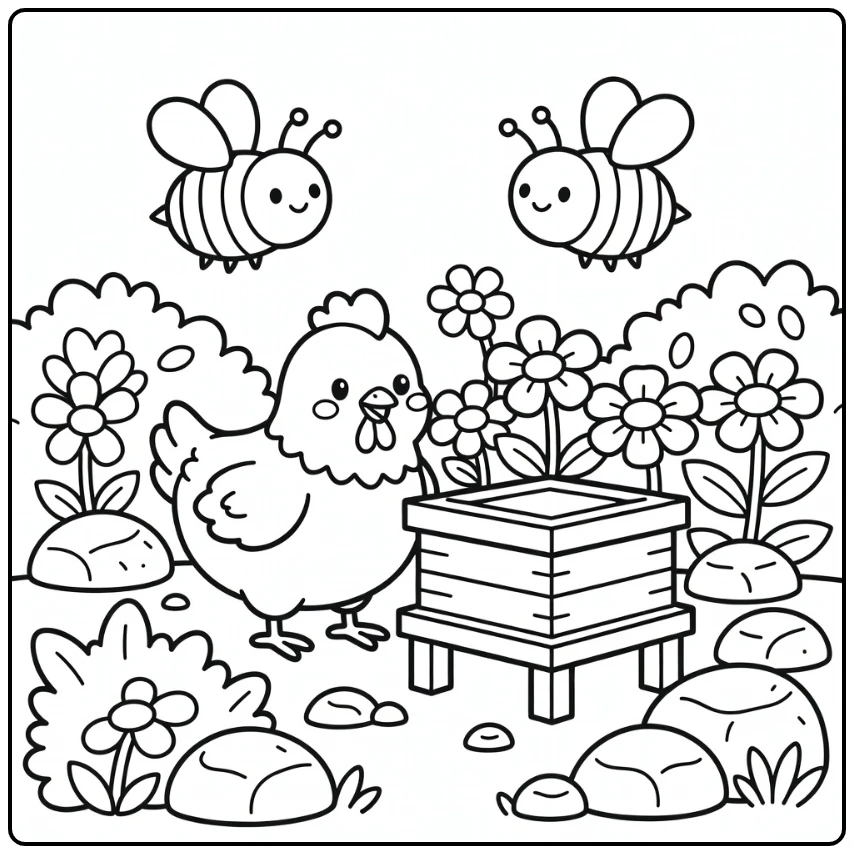 Hen coloring page with bees hovering over garden flowers
