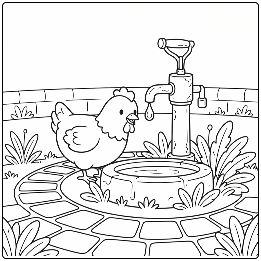 Hen coloring page with rural hand pump and drip