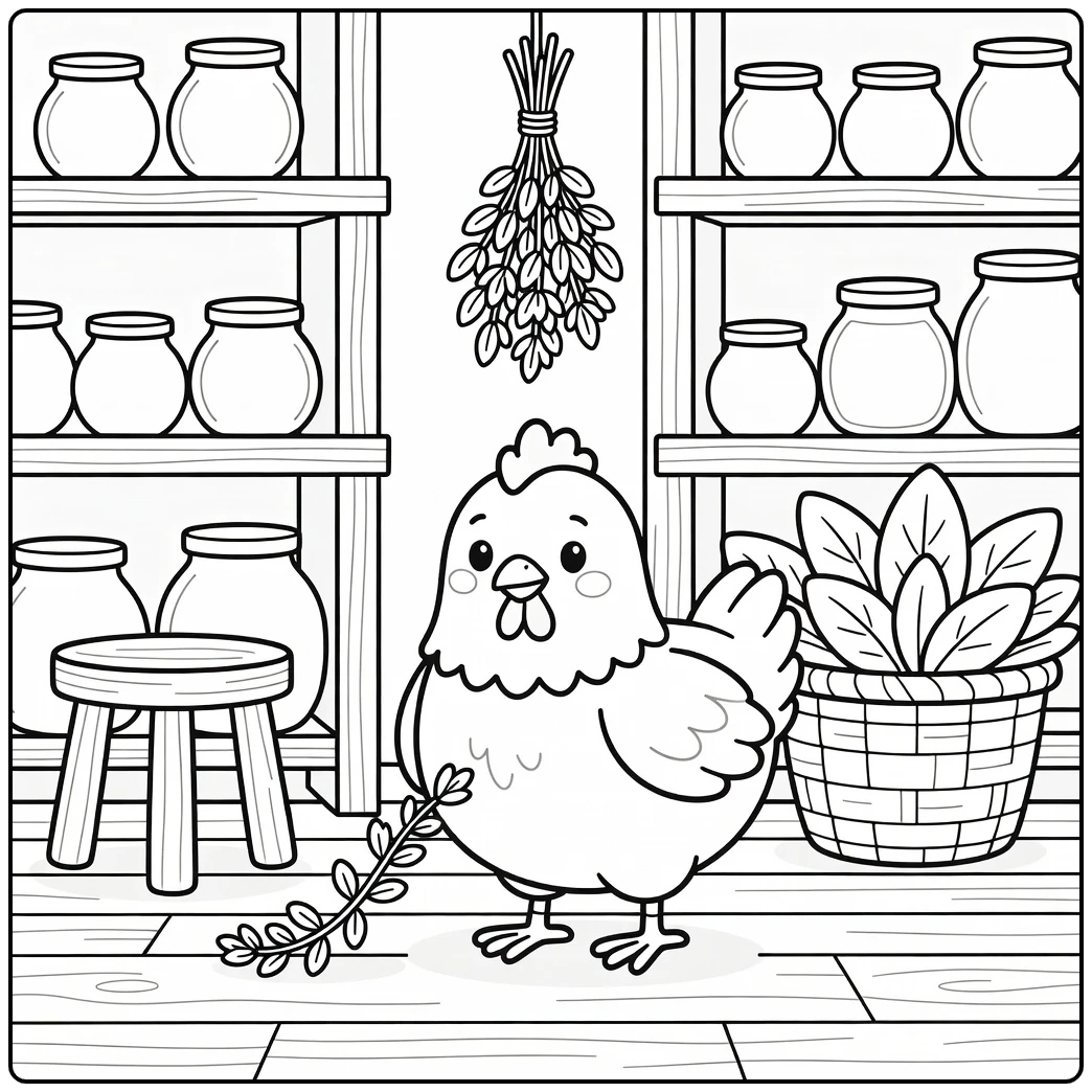 Hen coloring page with herbs in rustic pantry scene