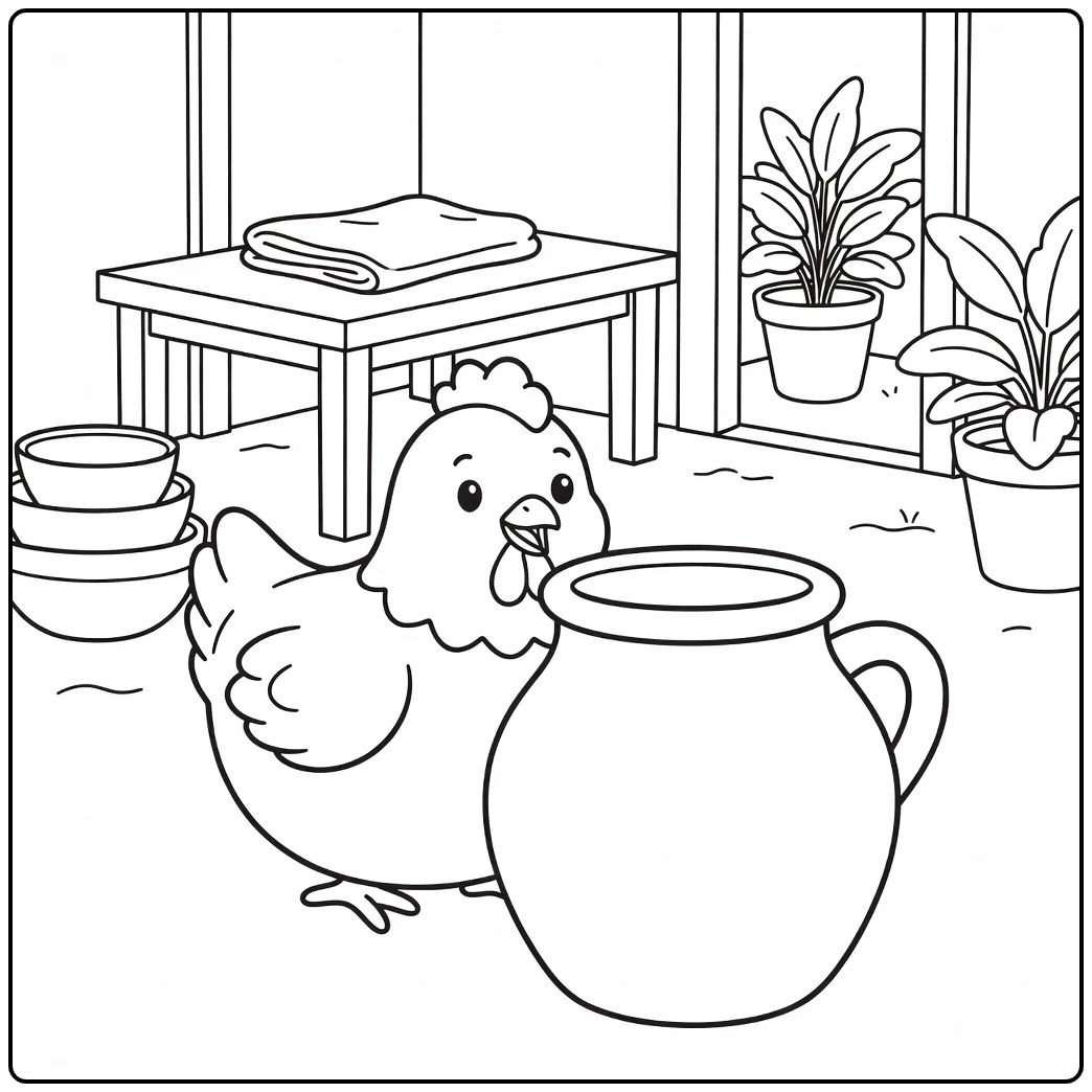 Hen coloring page showing curious hen at clay jug in pottery shed