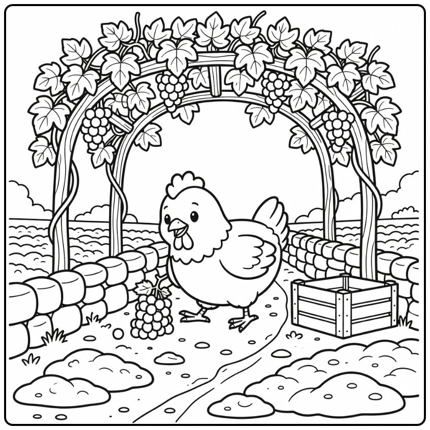 Hen coloring page of cute hen pecking grapes under arbor