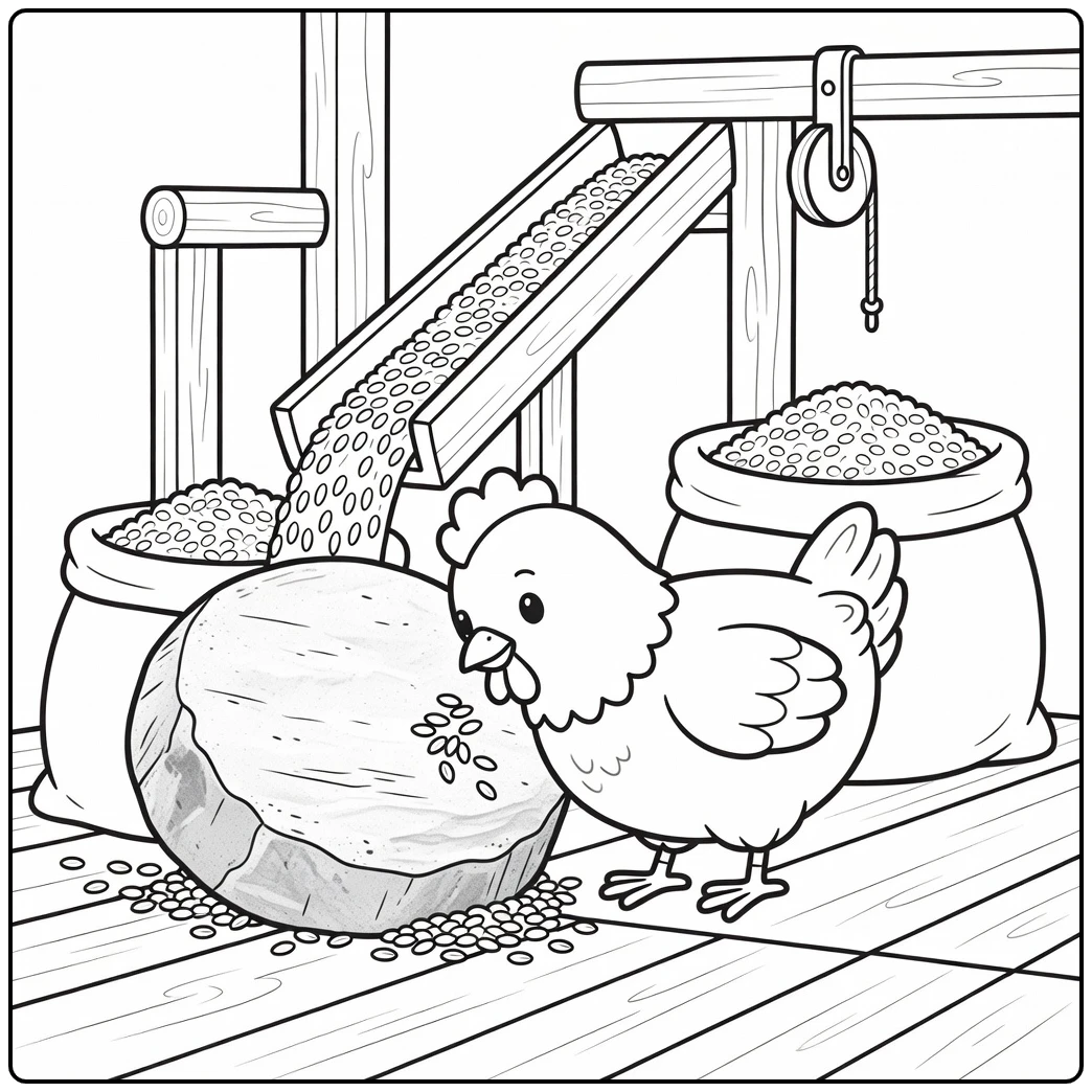 Hen coloring page of cute hen pecking grain by millstone