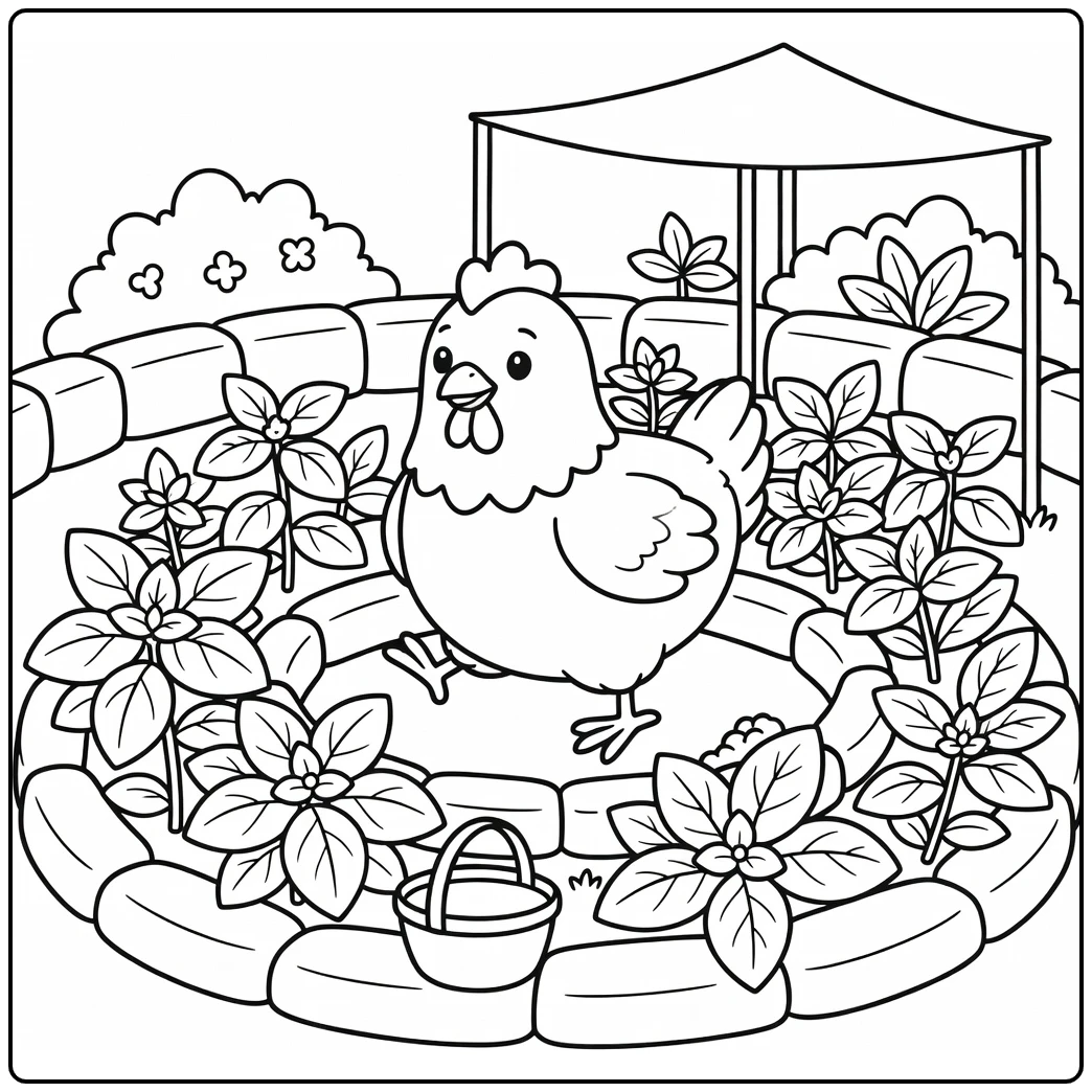 Hen coloring page showing cute hen in herb garden