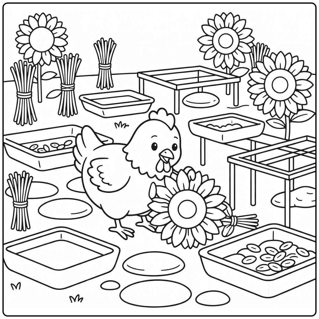 Hen coloring page of a hen turning over a sunflower
