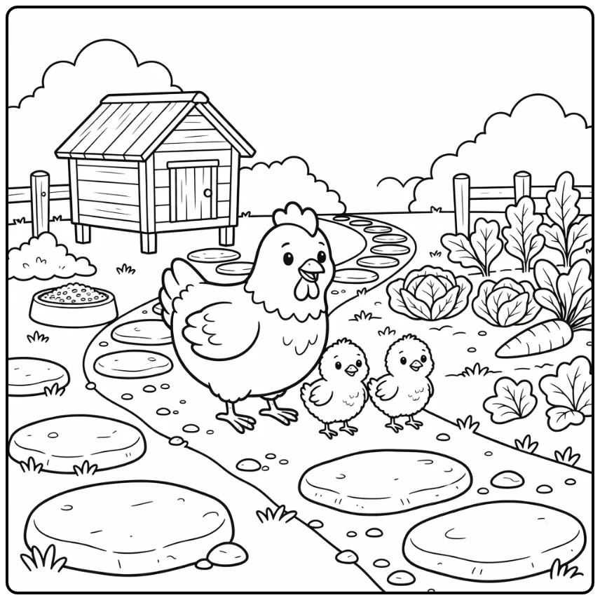 Chicken leads chicks on farm path farm animal coloring page