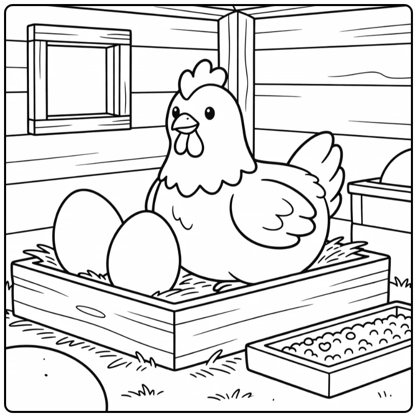 Proud hen in nesting box with eggs farm animal coloring page