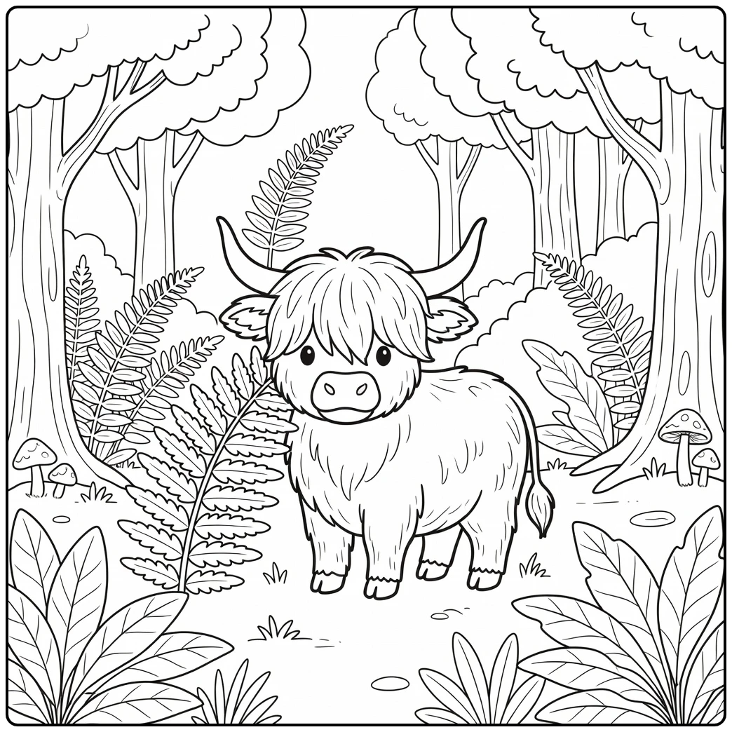 Shaggy highland cow in fern glade, highland cow coloring pages
