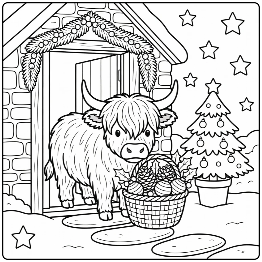 Highland Cow Christmas Coloring Pages: Cow Sniffing Basket