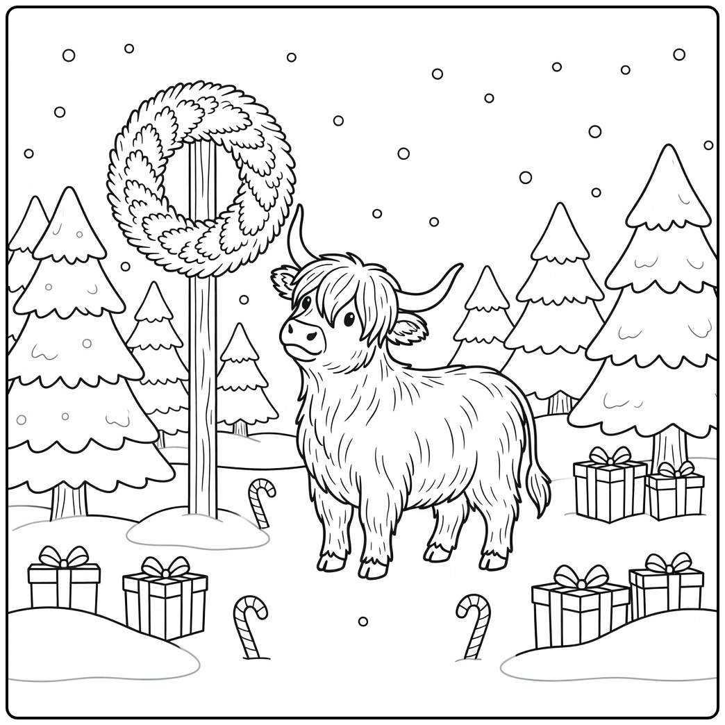 Highland cow christmas coloring pages: reaching wreath in tree farm