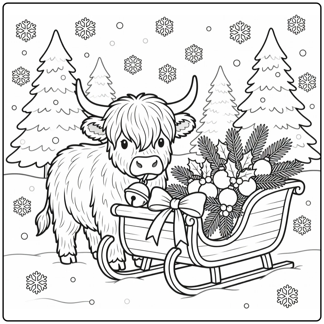 Highland Cow Christmas Coloring Pages: Fluffy Cow & Sleigh