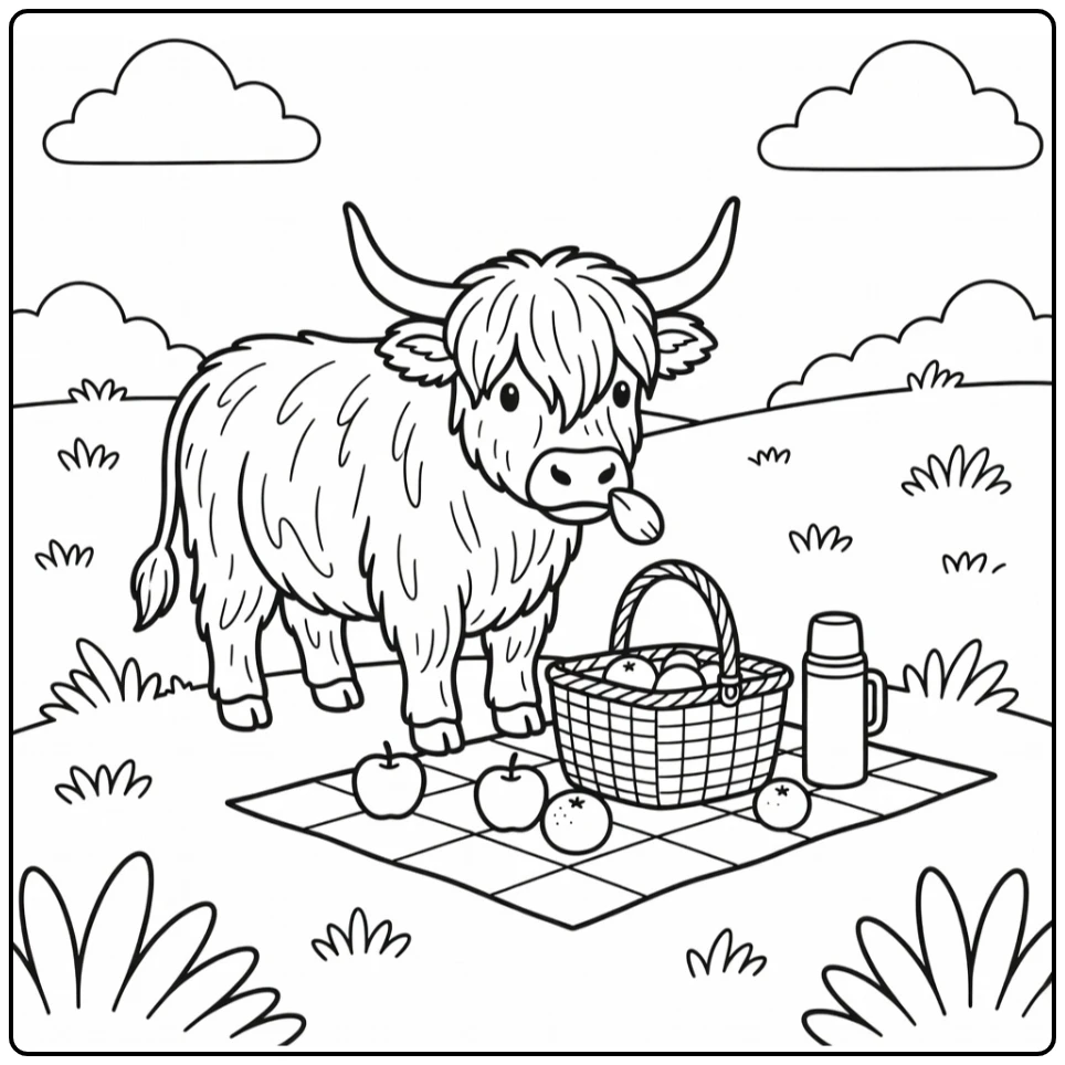 Highland cow coloring pages: cow sniffing picnic basket