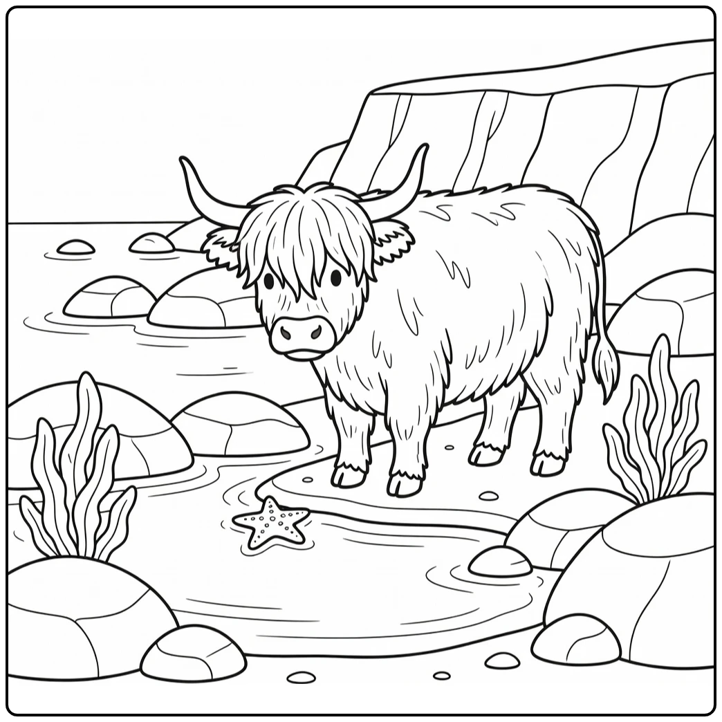 Highland cow coloring pages: cow gazes at starfish by tide pool