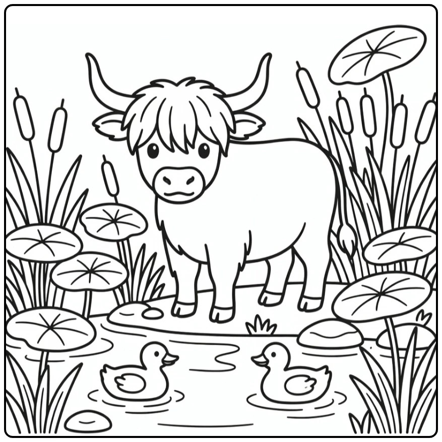 Highland cow coloring pages: shaggy cow at duck pond with reeds