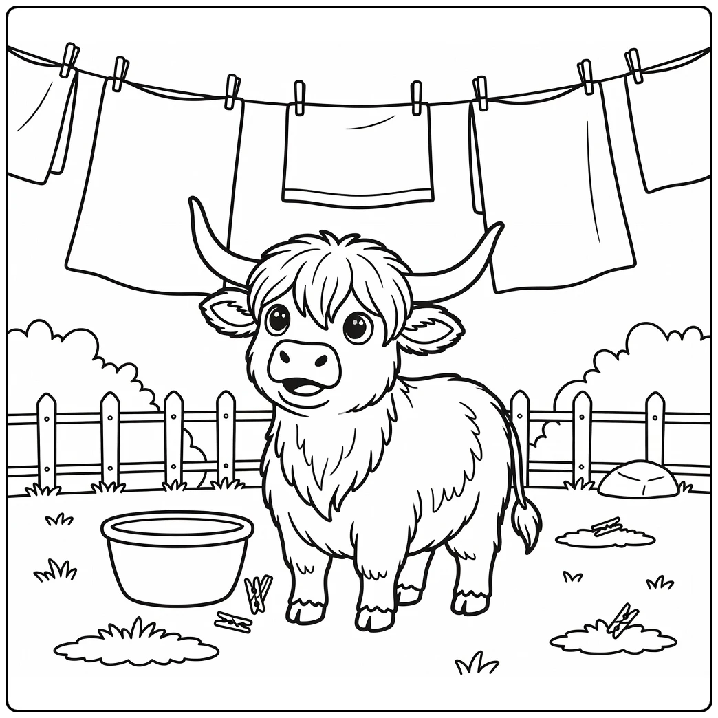 Curious highland cow under fluttering clothesline, highland cow coloring pages