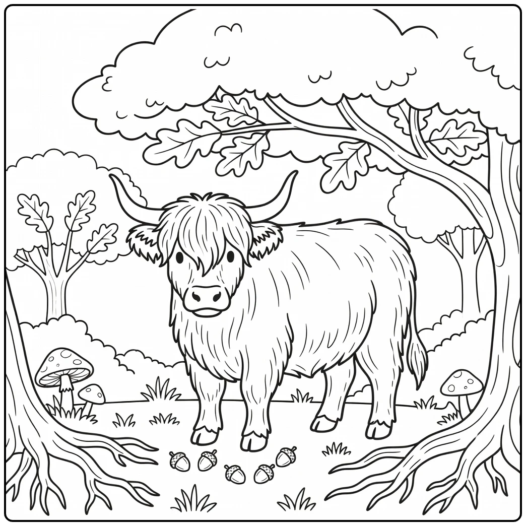 Highland cow coloring pages: shaggy cow under mushroom tree eyeing acorns