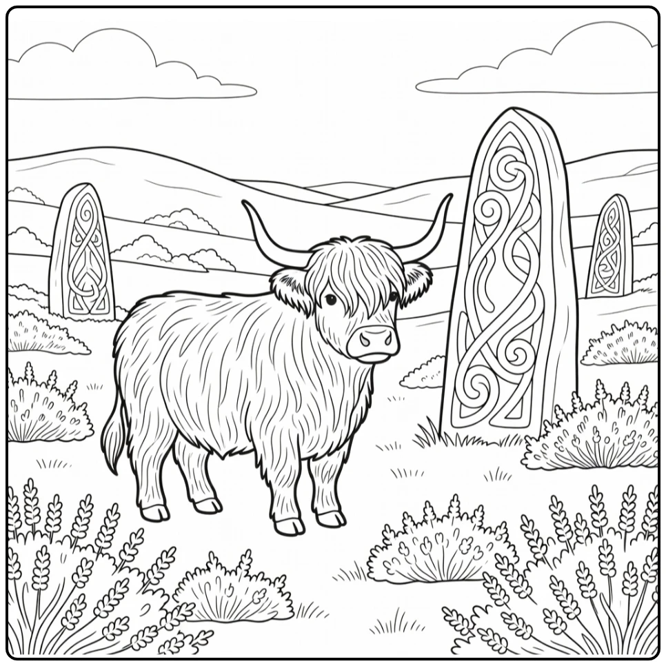 Highland cow coloring pages for adults: shaggy cow at stones