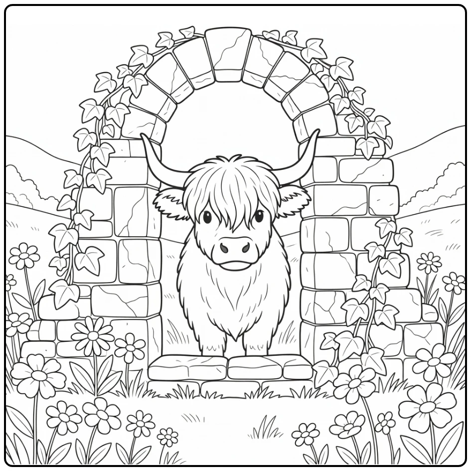 Highland cow coloring pages for adults: curious cow at stone ruin