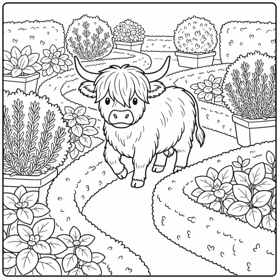 Highland cow coloring pages for adults in herb garden maze