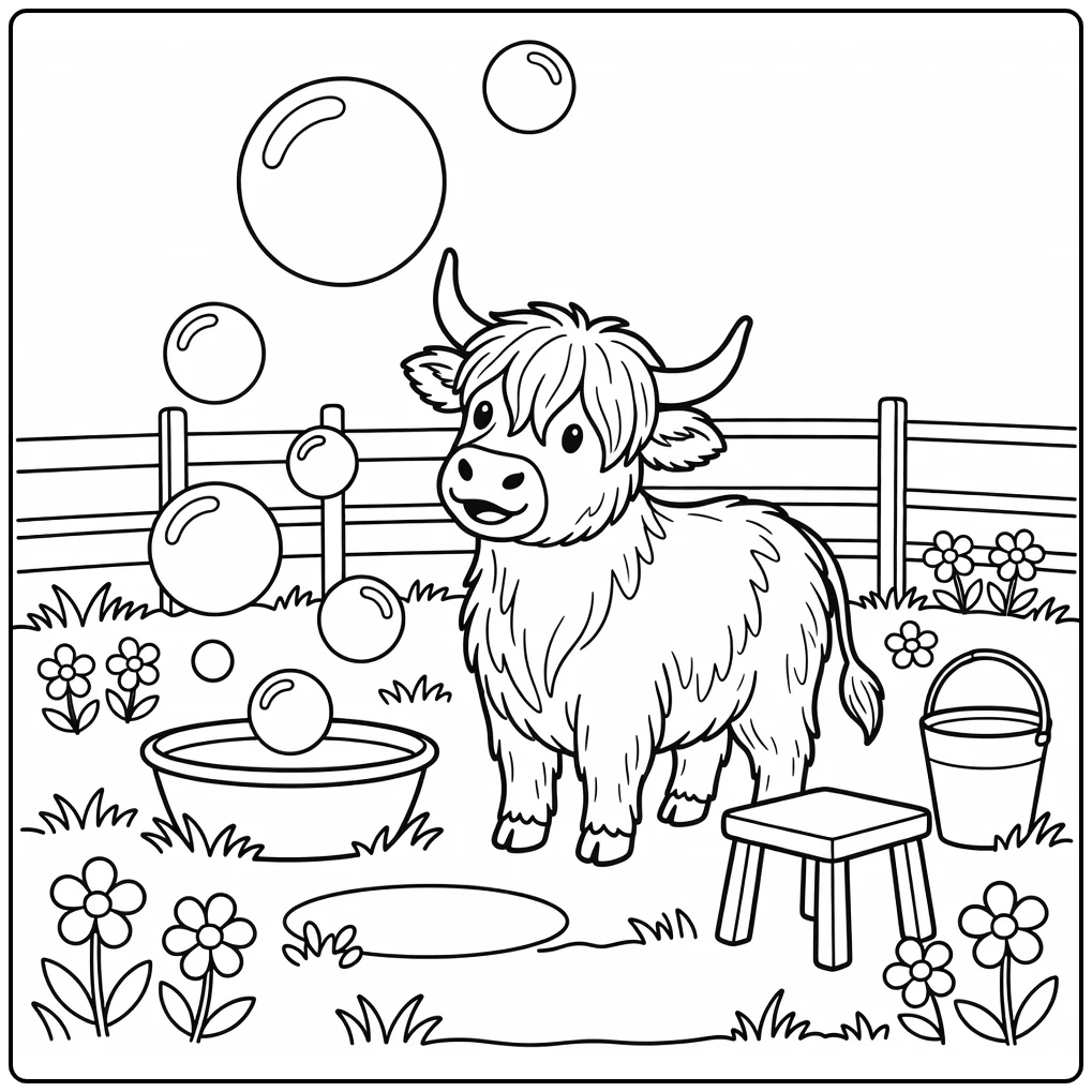 highland cow coloring pages for kids watching soap bubbles