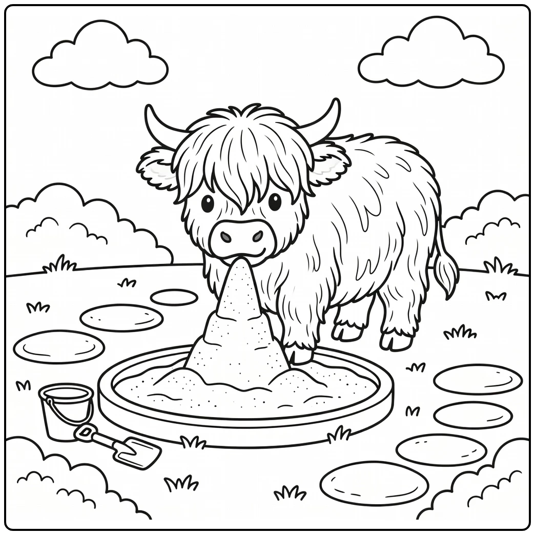 Highland cow coloring pages for kids: fluffy cow noses sandcastle