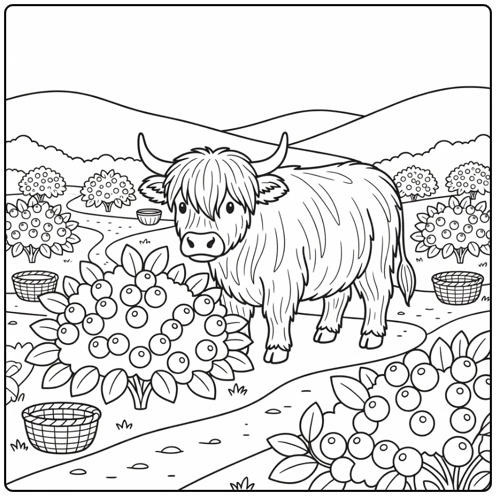 Highland cow coloring pages: sniffing berries in patch